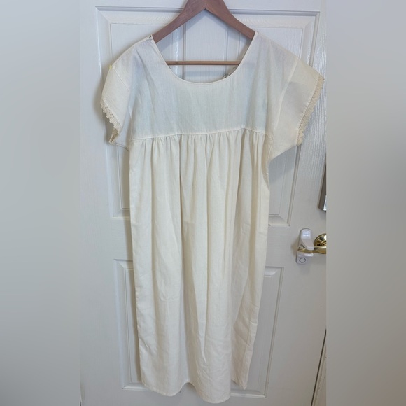 Vintage Inspired Boho Embroidered Peasant Dress Cream Blue Floral Cotton Midi - Picture 6 of 6